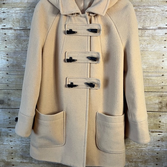 Chadwicks Coat Raglan Camel Beige Golden Removable Hood Button Snaps Size 8P EUC - Picture 2 of 7
